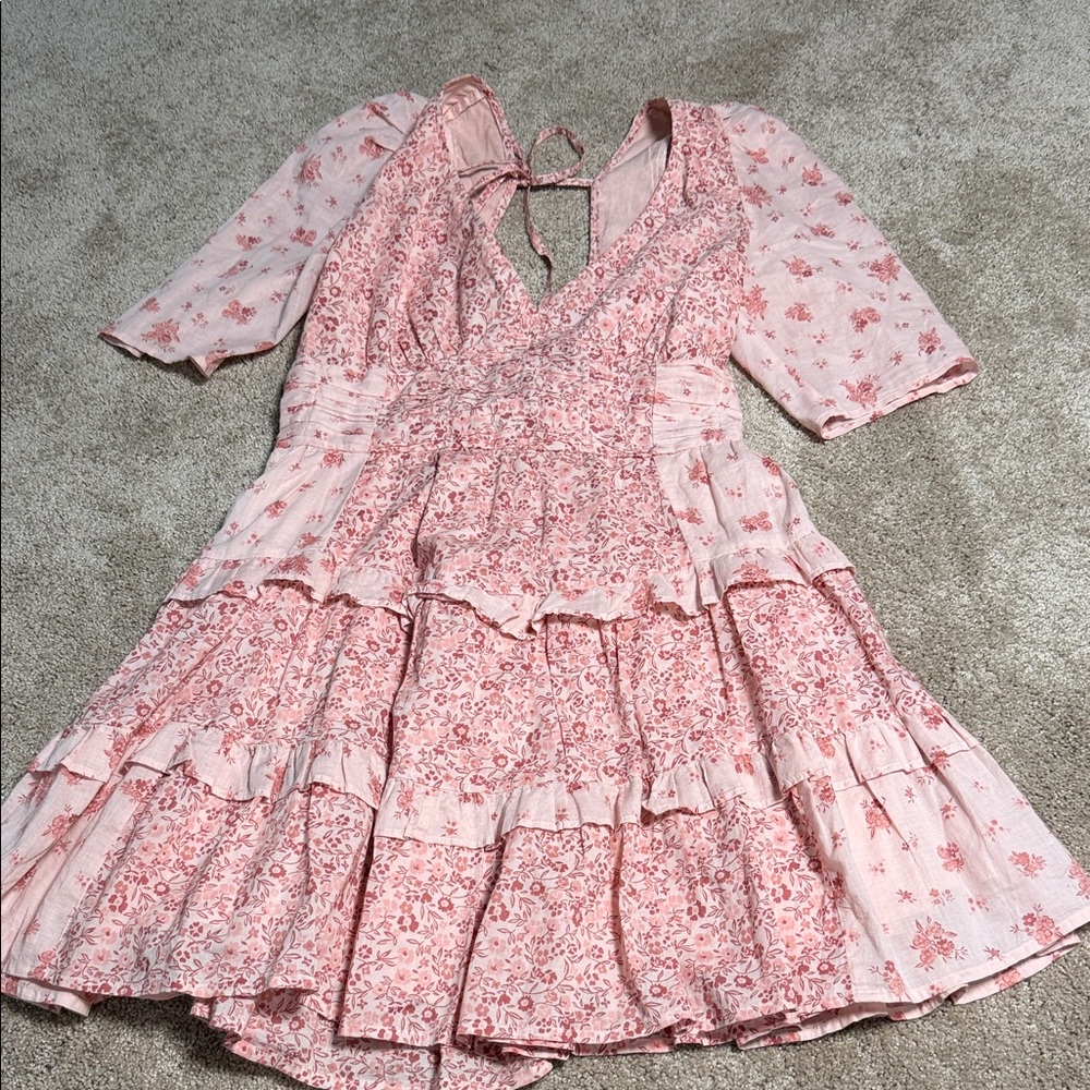 Boho Pink Floral‎ Tiered Mini Dress with Tie Back